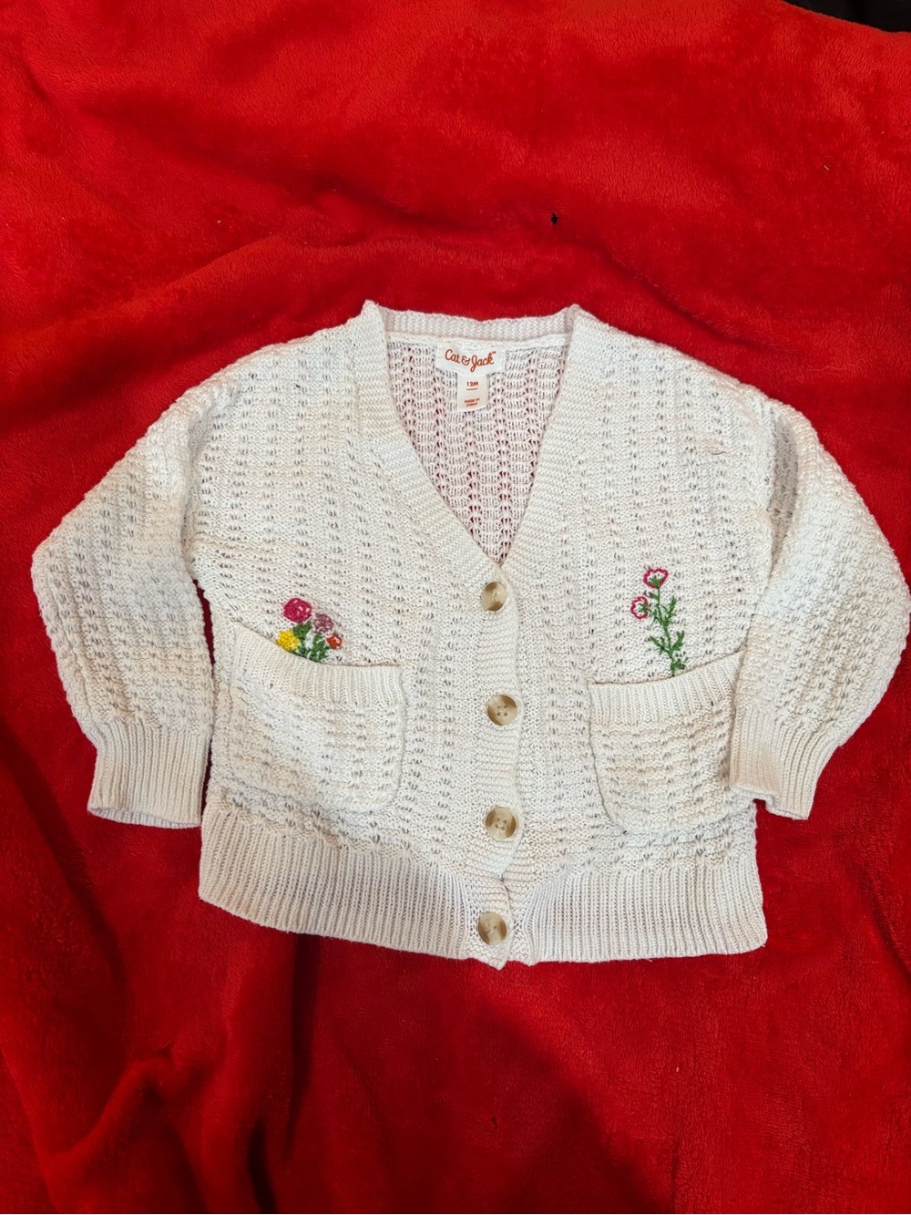 *upcycled* Cat & Jack Cream Knit Button-Up Sweater with hand sewn Embroidery